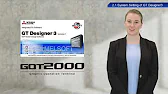 GT Designer3 interface showing system settings and screen design tools for Mitsubishi HMI configuration.