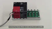 A MELSEC PLC system mounted on a DIN rail, showing power supply, CPU, and I/O modules connected with labeled wires.