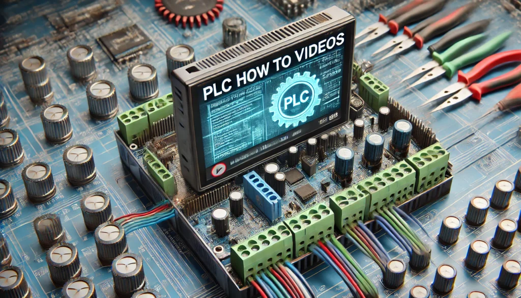 A modern, professional YouTube video thumbnail for a channel titled 'PLC How to Videos'. The background features a close-up of a programmable logic coroller.