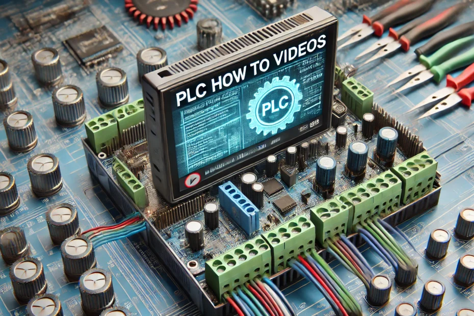 A modern, professional YouTube video thumbnail for a channel titled 'PLC How to Videos'. The background features a close-up of a programmable logic coroller.